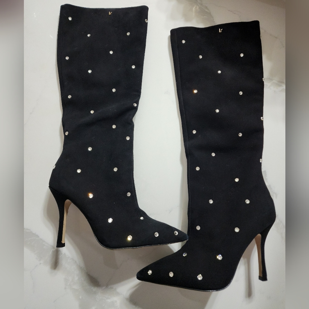 Larroude Crystal Embellished Pointed Toe Knee High Boot (Women) Size 7 - Picture 2 of 7